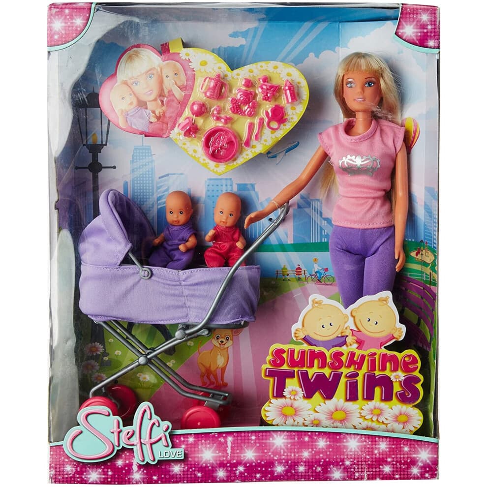Simba Steffi Love & Sunny Twins: Twin Baby Dolls with Double Mini Pram, 29 cm, 12 Accessories, Ages 3+, Model 105738060, Code C-5738060