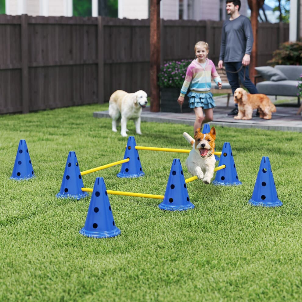 (Blue) PawHut Dog Agility Equipment Set, Four-Piece Adjustable Height Jumping