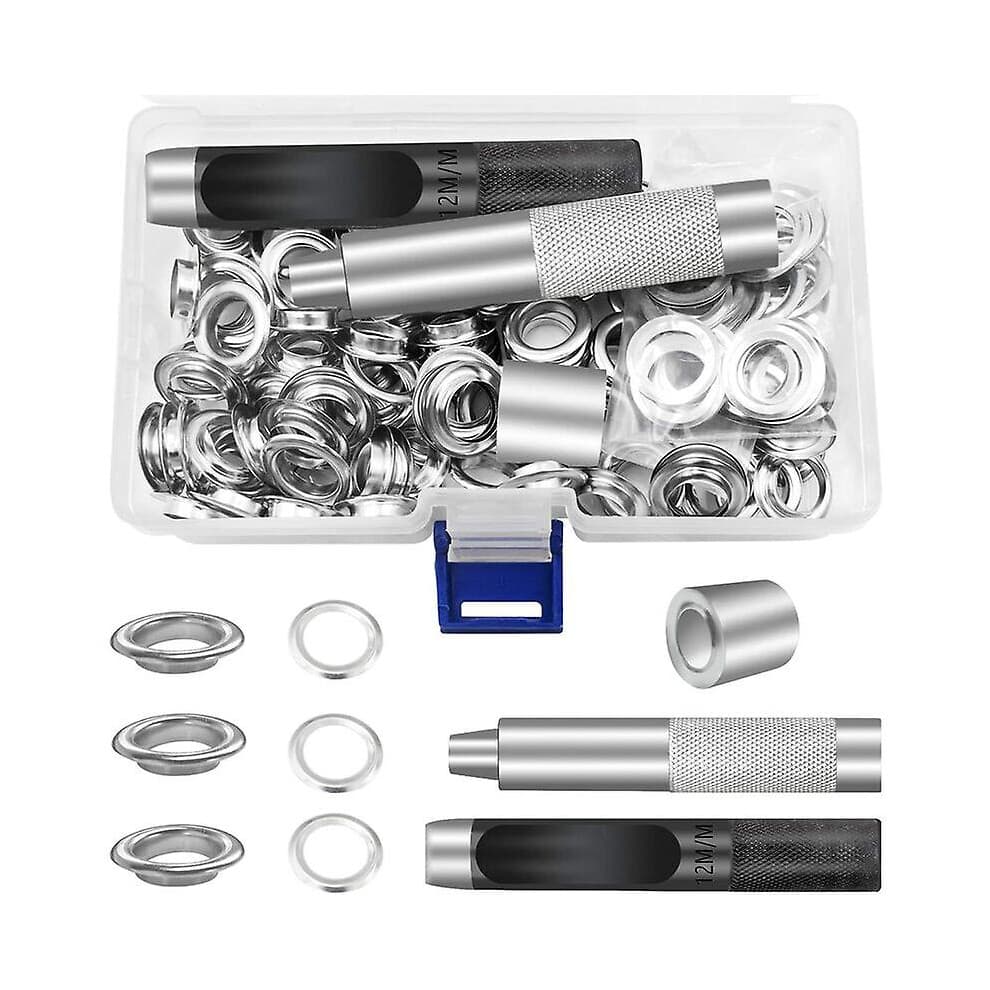 (As show, One size) Grommet Kit Tools 12mm Metal Eyelet Sets 100 Set Grommet Kit Eyelets Kit for Canvas Tarpaulin Tent Repair Silver(1/2 Inch)
