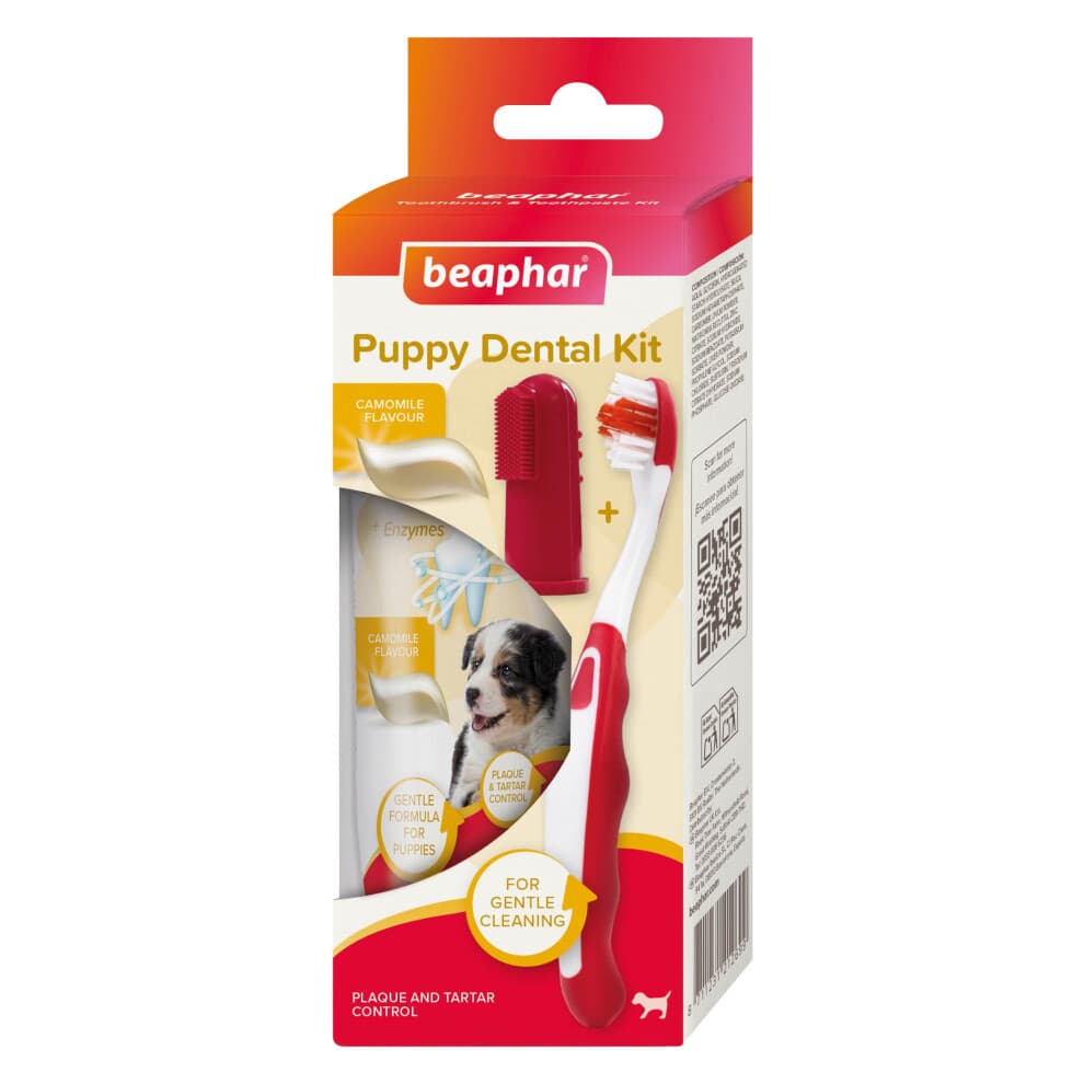 Beaphar - Puppy Dental Care Kit - Toothbrush, Finger Brush & Camomile-Flavoured Toothpaste with Enzymes - Helps Control Plaque & Tartar - 1x Brush, 1
