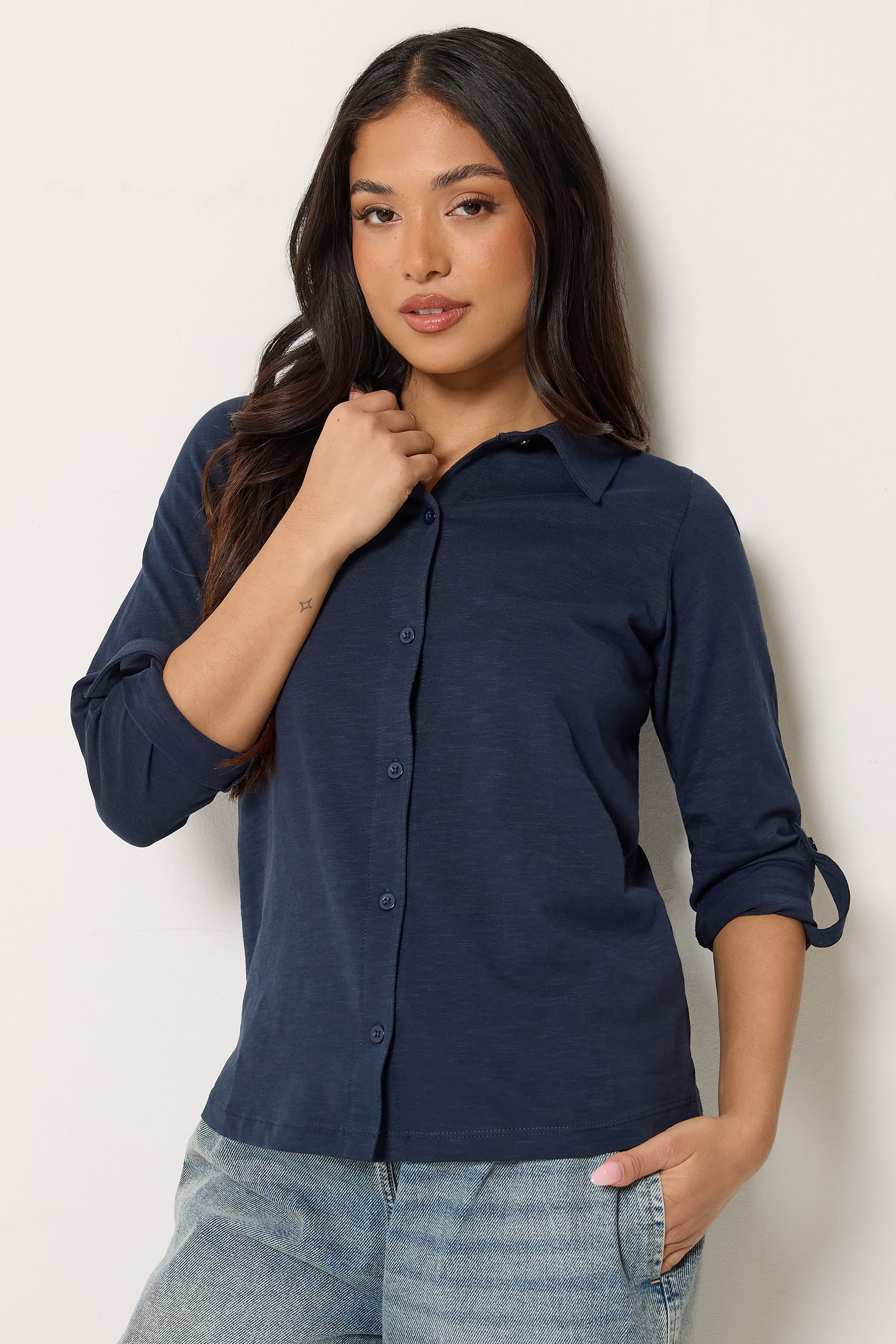 Pixiegirl Petite Women's Navy Blue Button Cotton Shirt Size 10