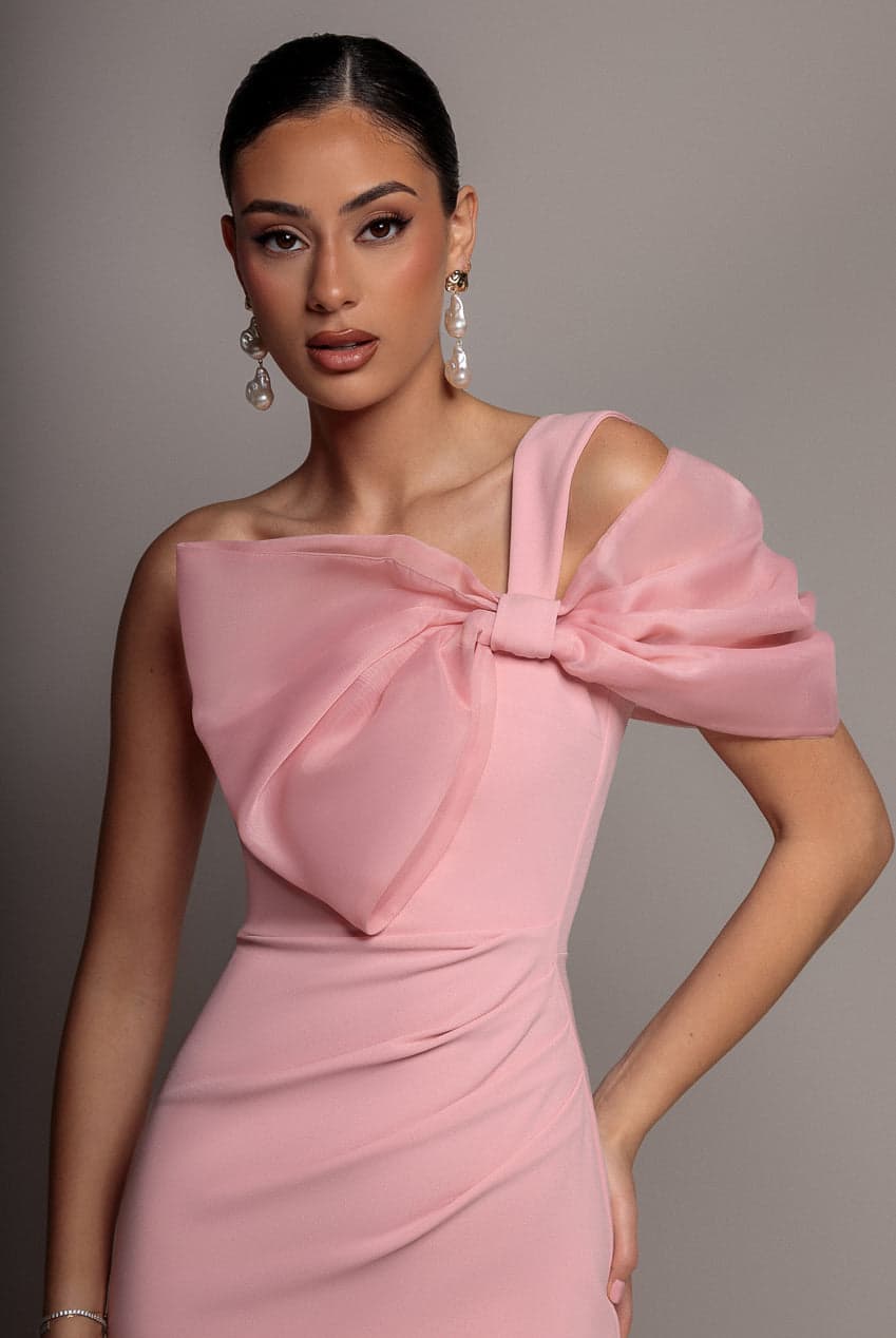 Goddiva Organza Bow One Shoulder Scuba Crepe Maxi Dress - Blush Pink