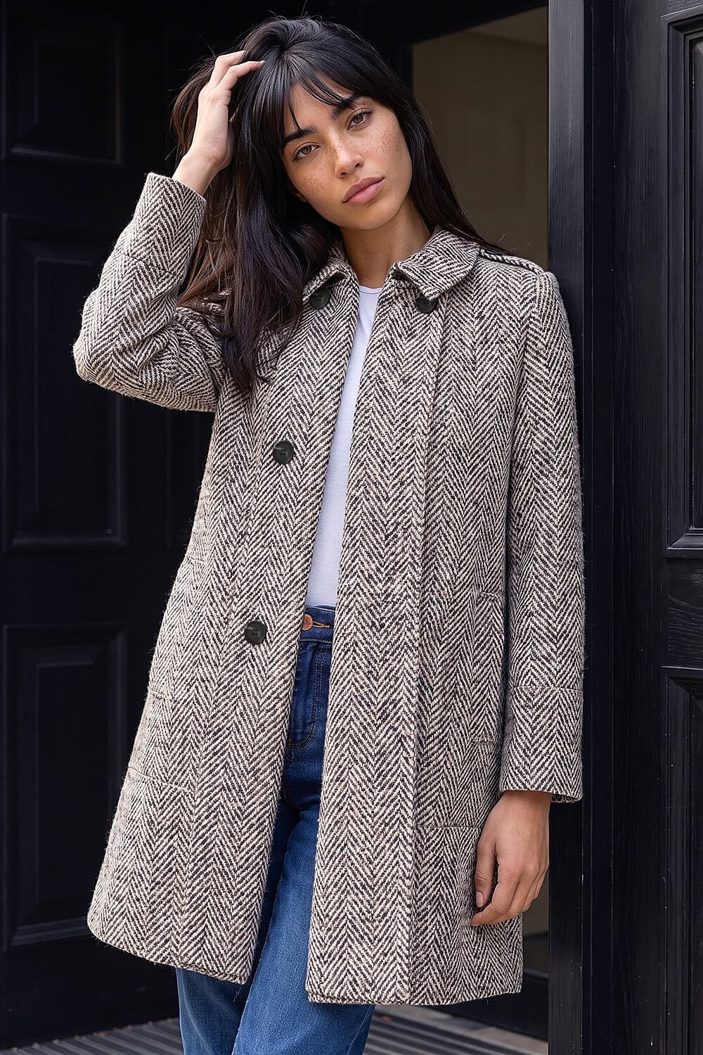 Petite Collar Double Breasted Coat in Stone, Stone