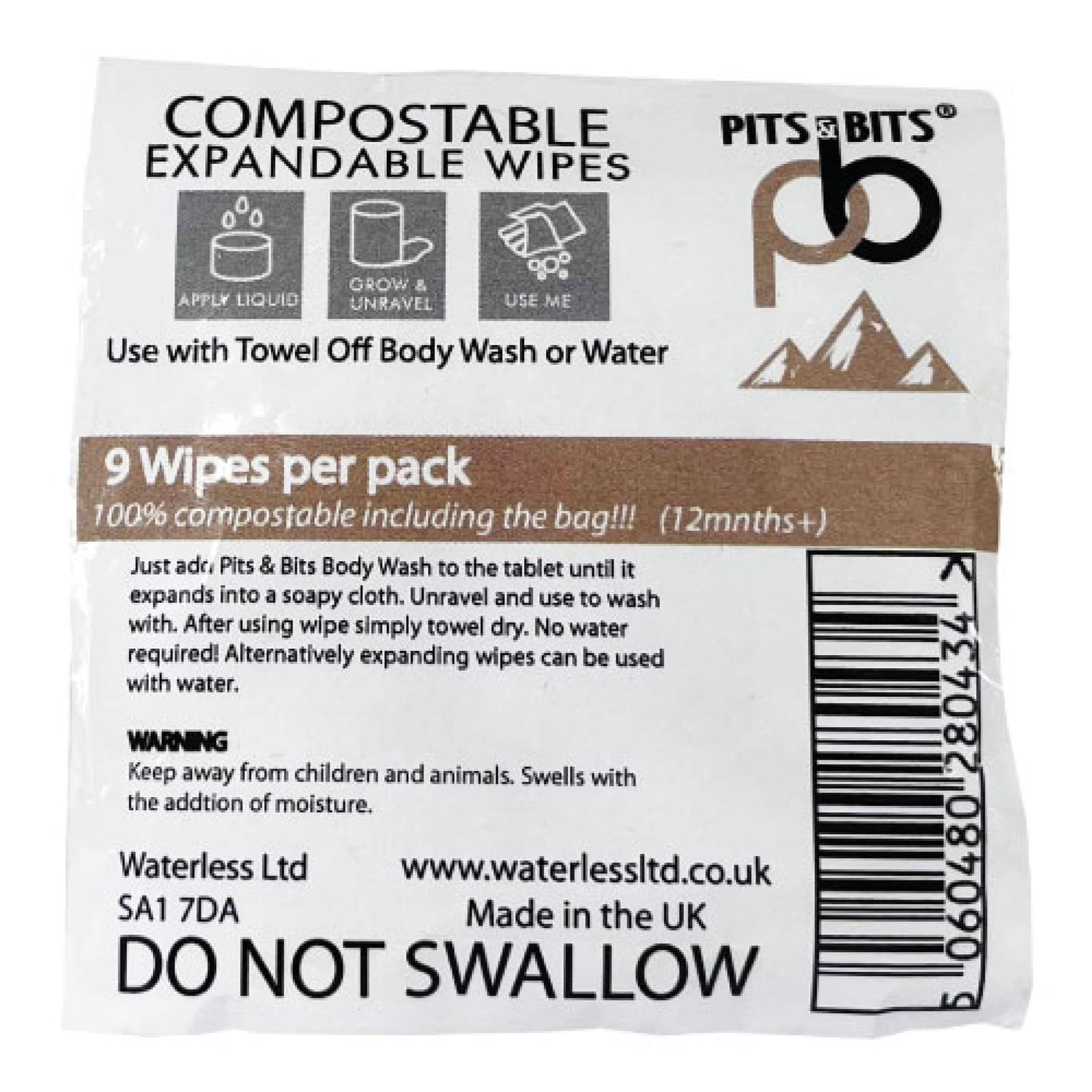Pits and Bits Compostable Expandable Wipes 9pk