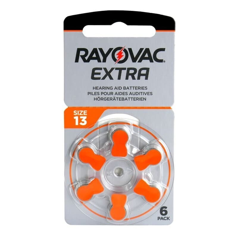 6 x Rayovac Extra Size 13 Hearing Aid Batteries Orange - Zinc Air Hg0% PR48