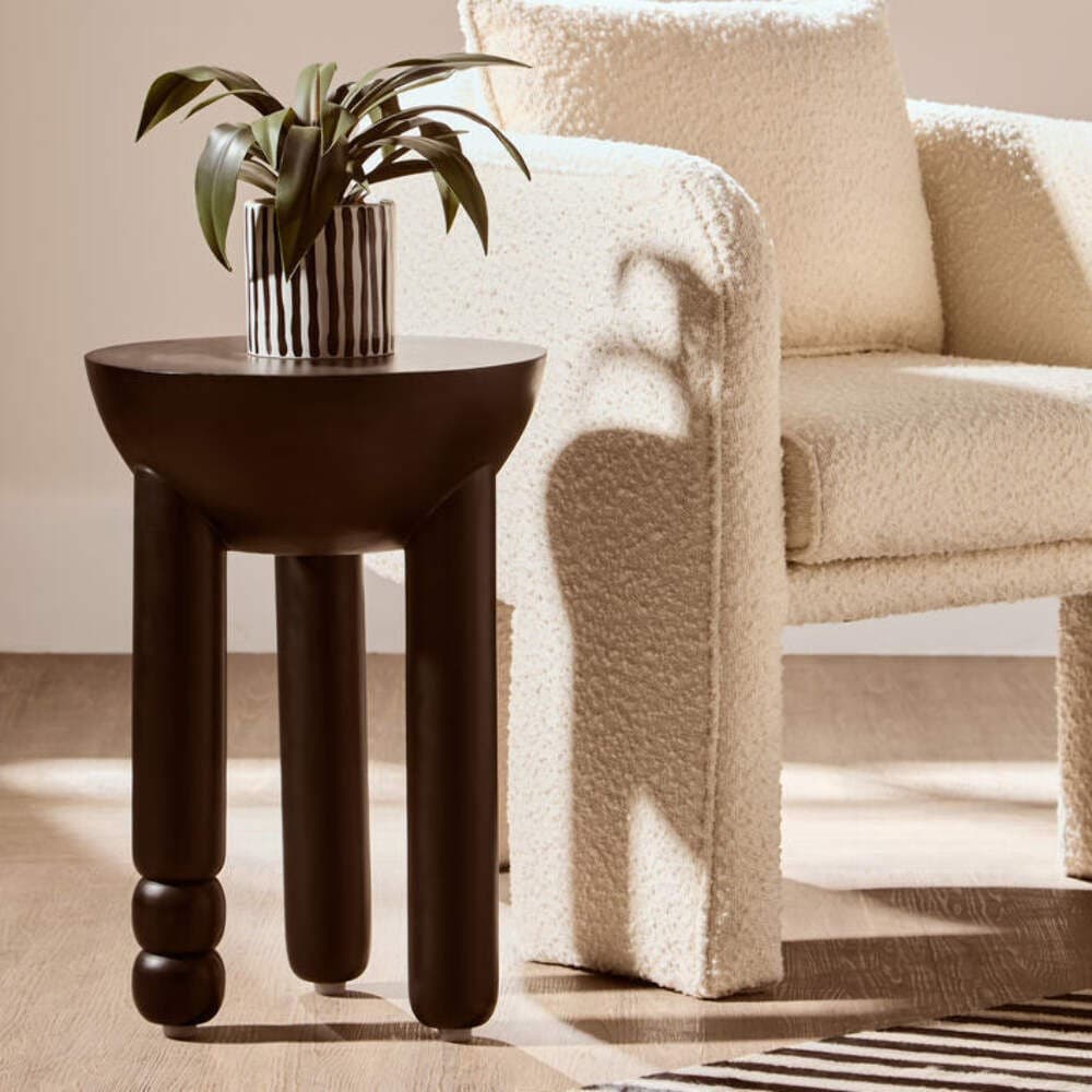 Black Mango Wood Round Side Table with Column Detail Base| Walsa