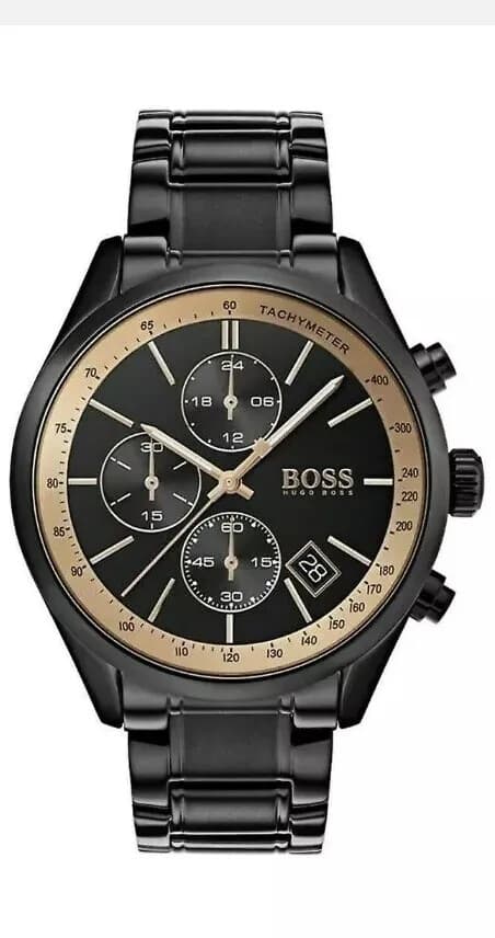 Hugo Boss HB1513578 Grand Prix Mens Black Dial Chrono Stainless Watch + Gift Bag
