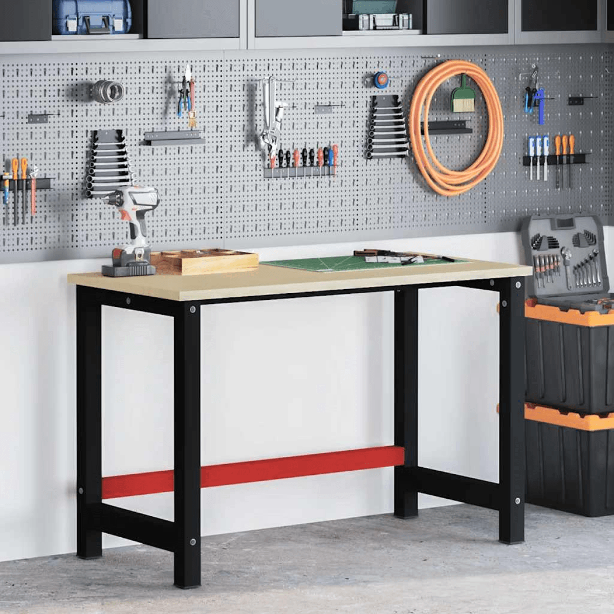 Workbench Frame Powder-Coated Metal Matte Black and Red 120x57x79cm Heavy Stable.