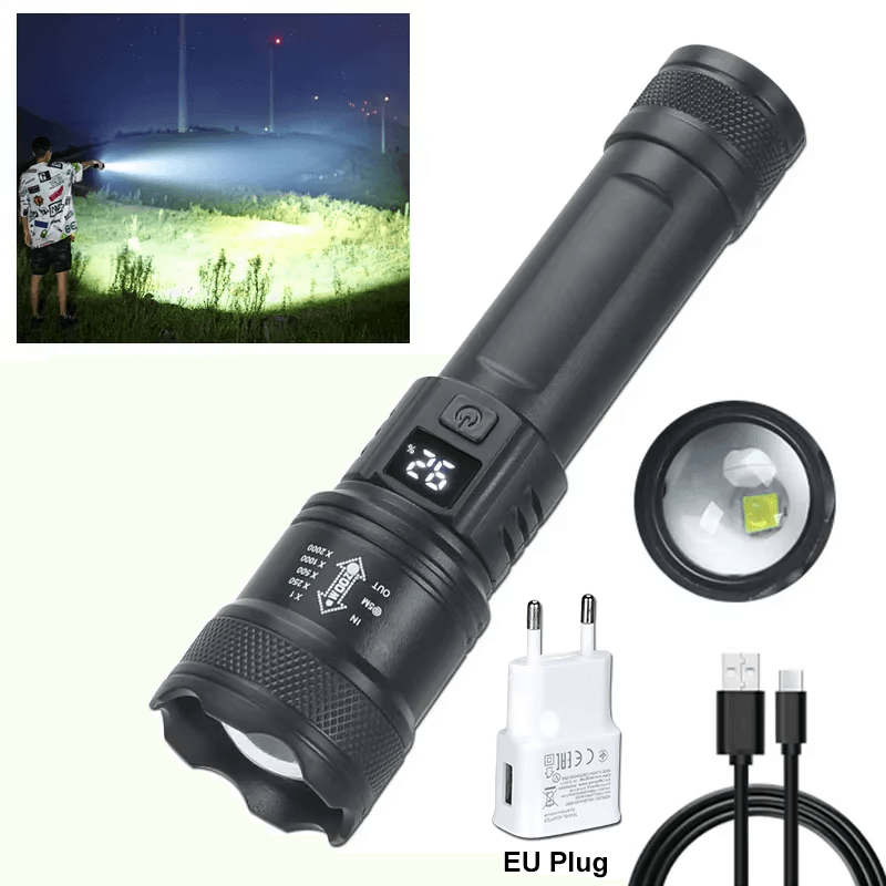 High Strong Power Led Flashlights 2000LM Tactical Torch with Display Light USB C