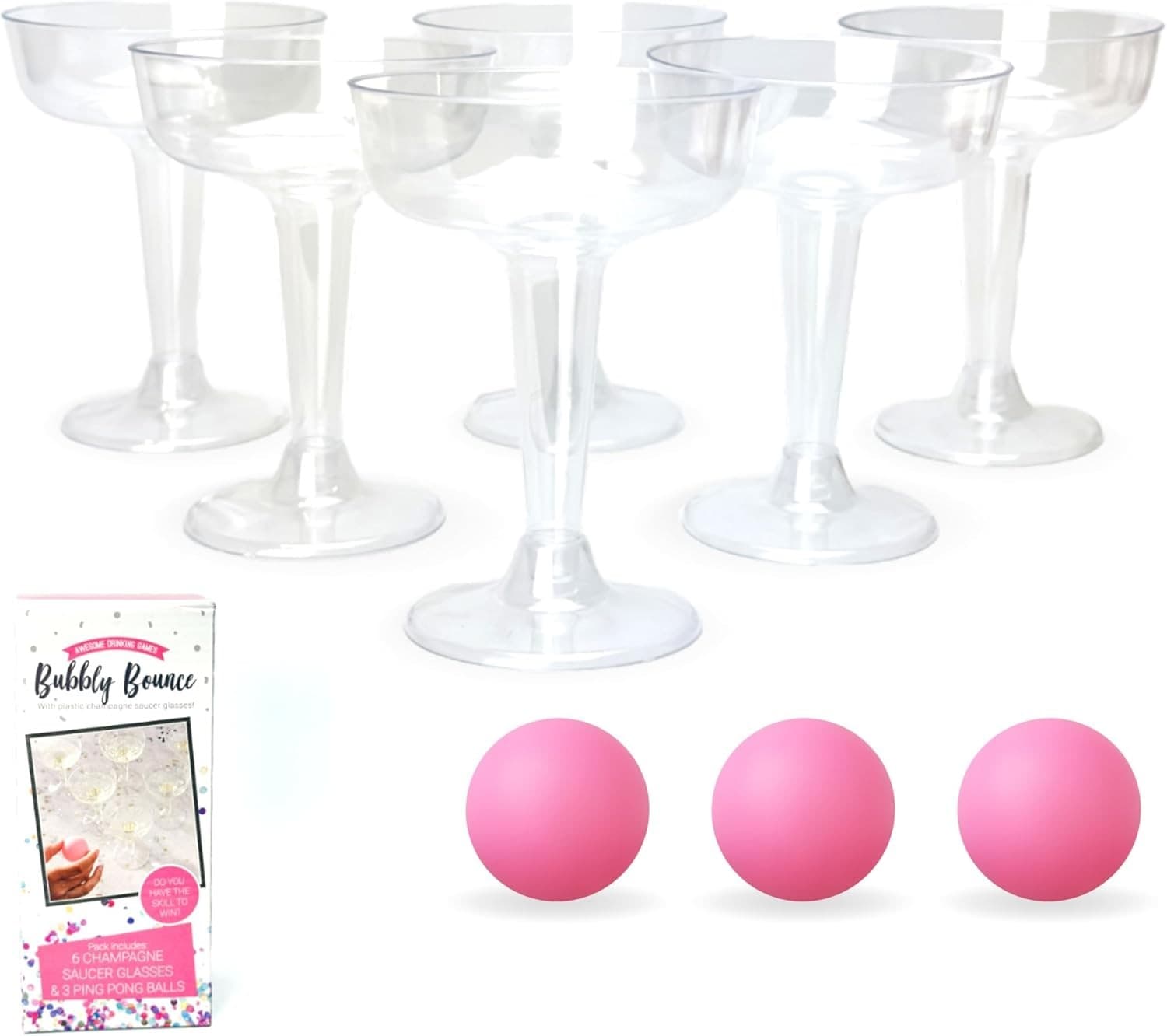 6pc Champagne Saucer Glasses and 3pc Ping Pong Balls Game Stag and Hen Party