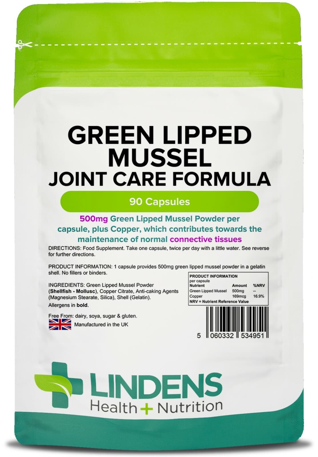 Green Lipped Mussel 500mg 90 Capsules for Joint Muscle Connective Tissue Lindens