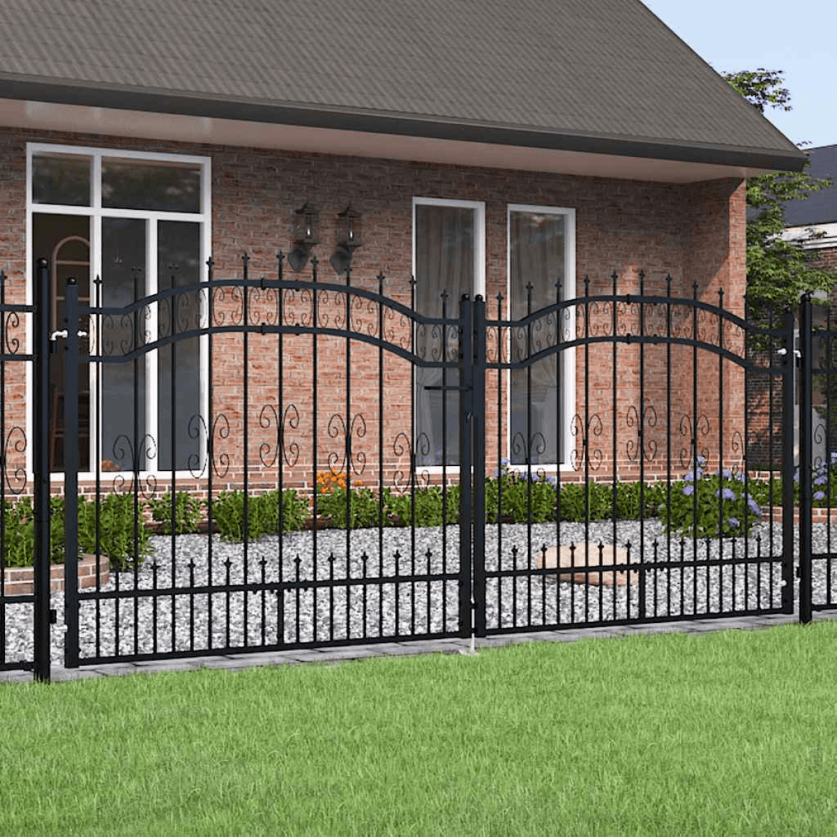 Garden Gate Black Powder-Coated Steel Arched 302x125 cm Security Gate with Lock