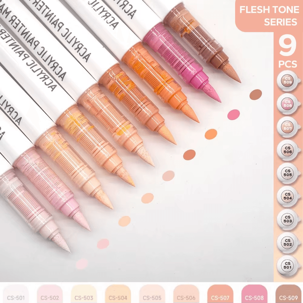 Acrylic Brush Markers Set 9 Colors Pro Automatic Ink Control Art Pens