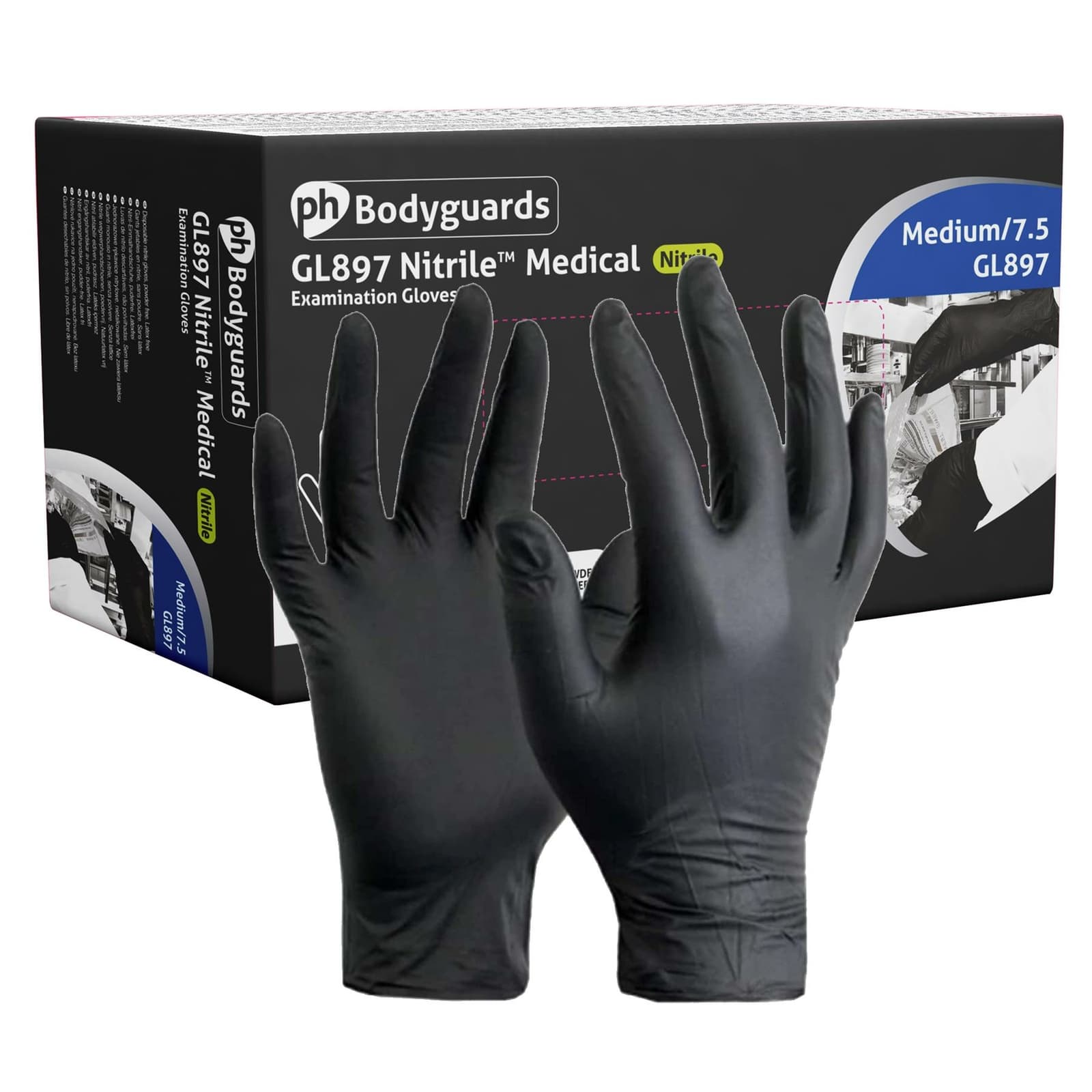 Bodyguards Powder Free Black Nitrile Disposable Gloves Medium Box of 100 Tattoo