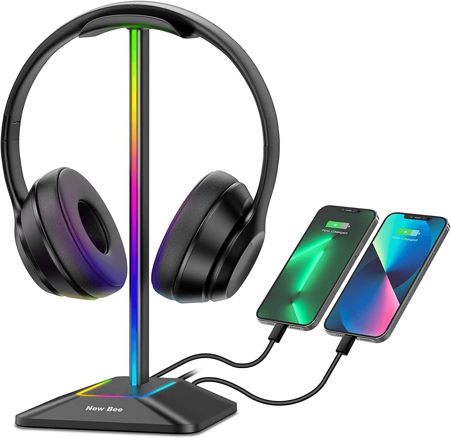 Headphone Stand RGB Headset Holder with 1 USB-C Charging Port and 1 USB Charging