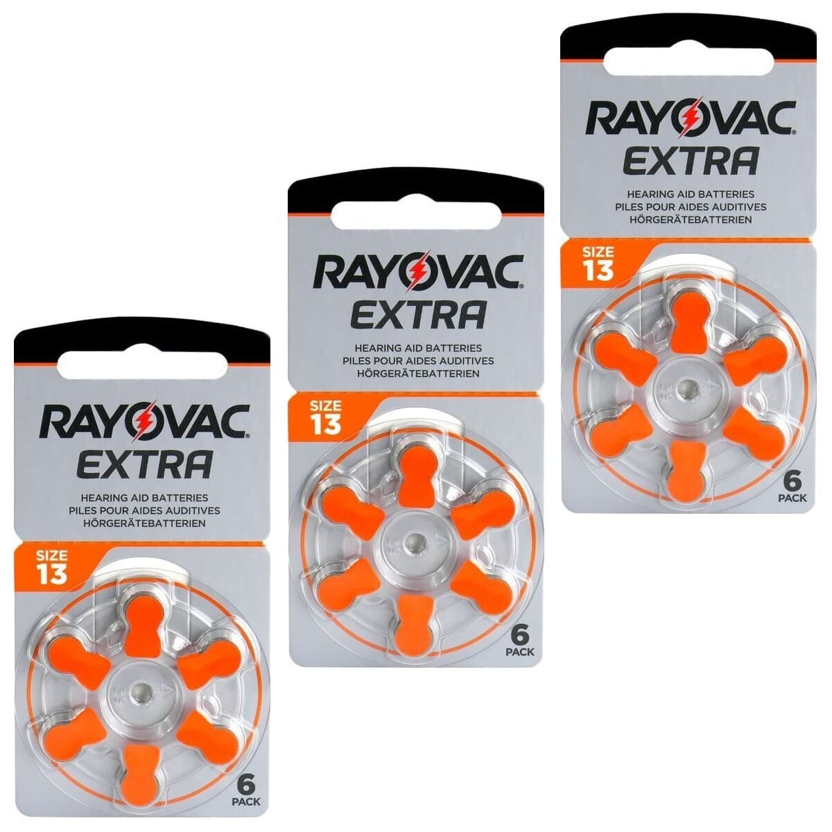 18 x Rayovac Extra Size 13 Hearing Aid Batteries Orange - Zinc Air Hg0% PR48