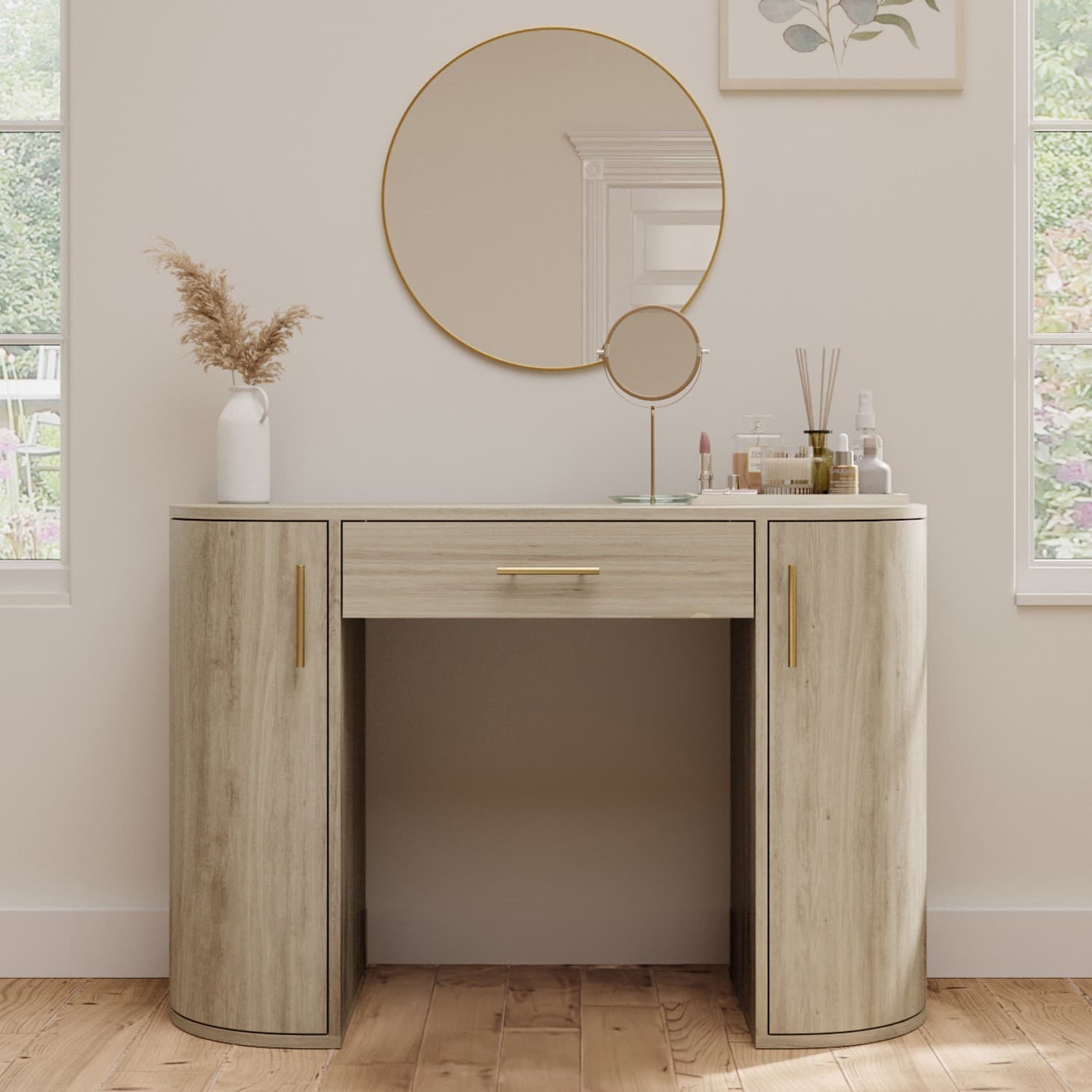 Light Wood Large Dressing Table with Storage Drawer and Shelves - Lily LYY002