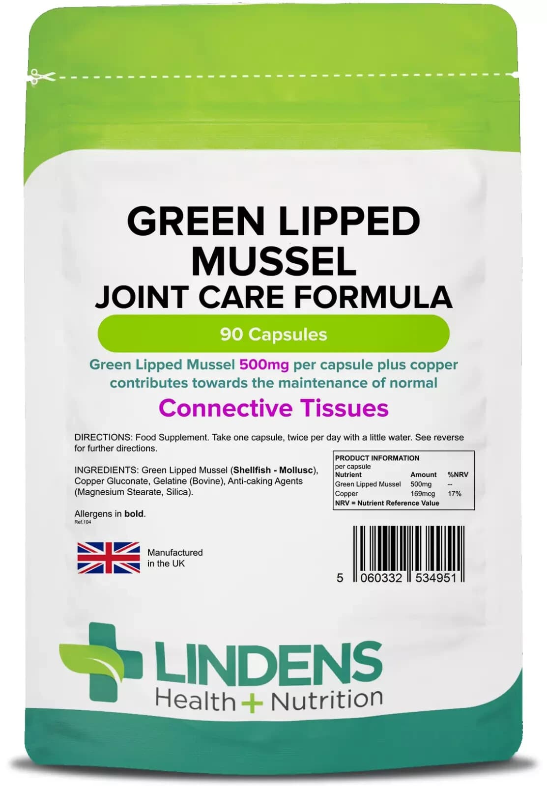 Lindens Green Lipped Mussels 500 mg 90 Capsules New Zealand Extract UK Made