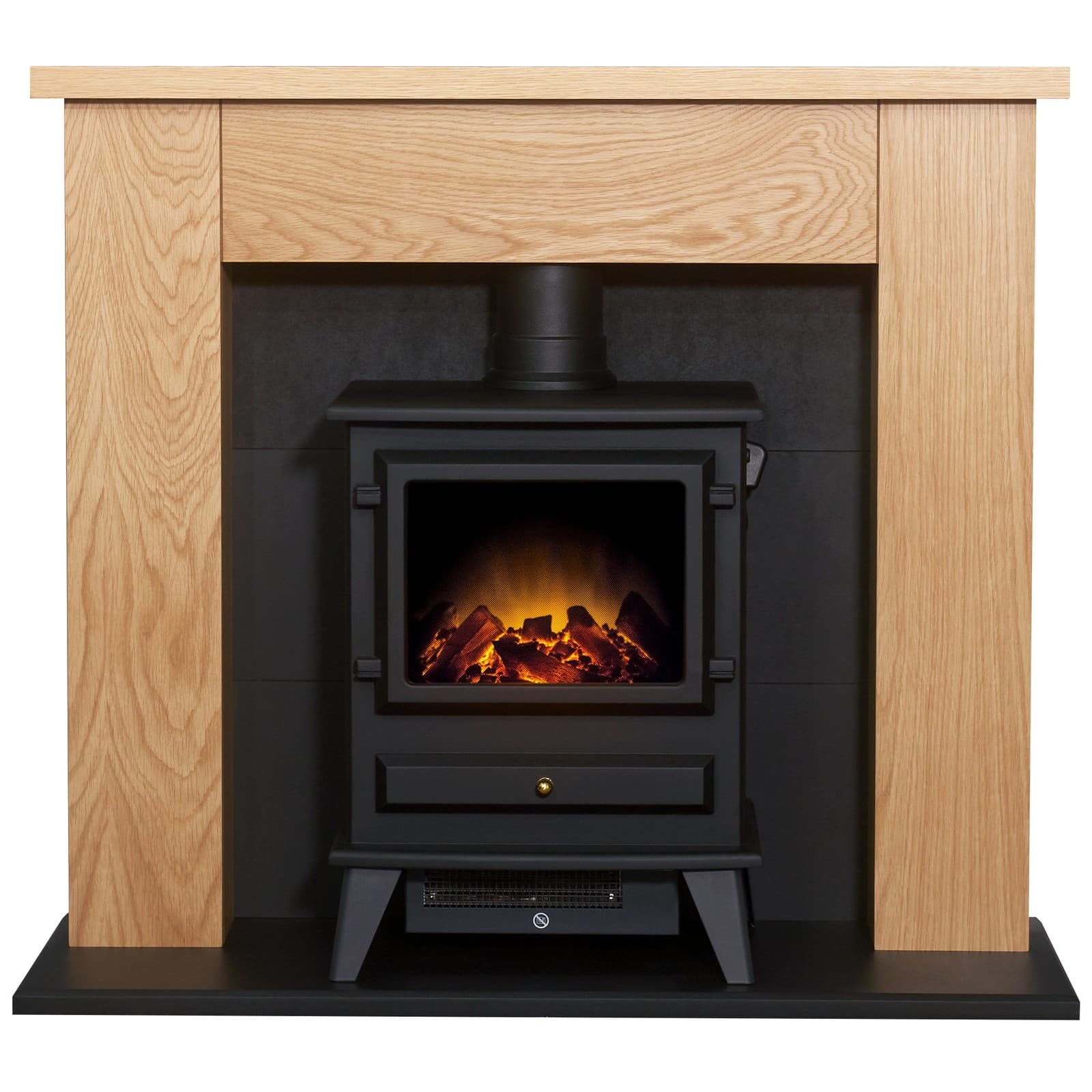 Adam Chester Stove Fireplace in Oak and Black with Hudson Electric Stove in Bla...