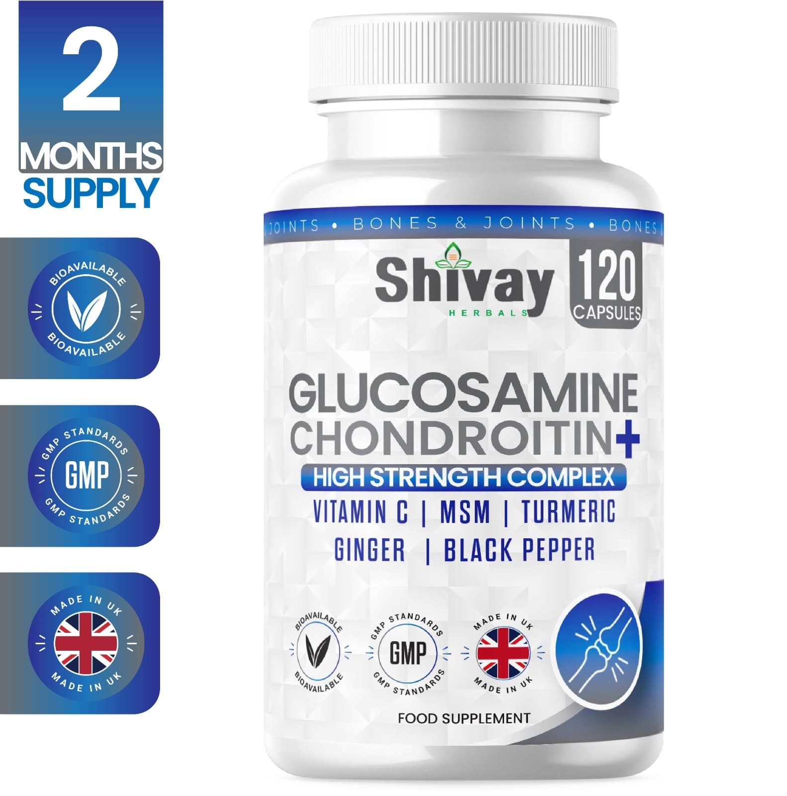 Glucosamine and Chondroitin Complex with Vitamin C MSM Turmeric Ginger 120 Caps