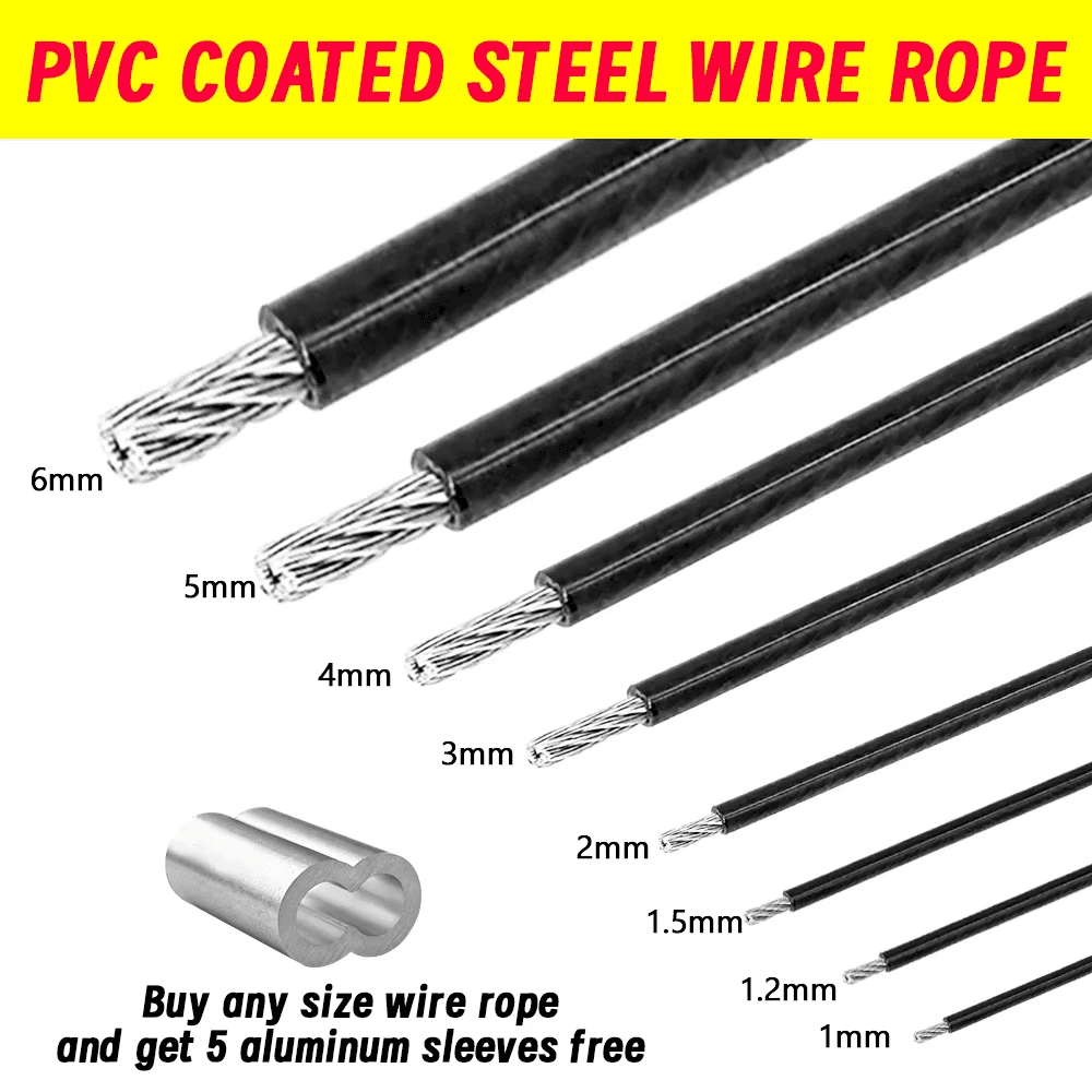 Black PVC Coated Stainless Steel 304 Wire Rope Cable 1/1.2/1.5/2/3/4/5/6MM Diame