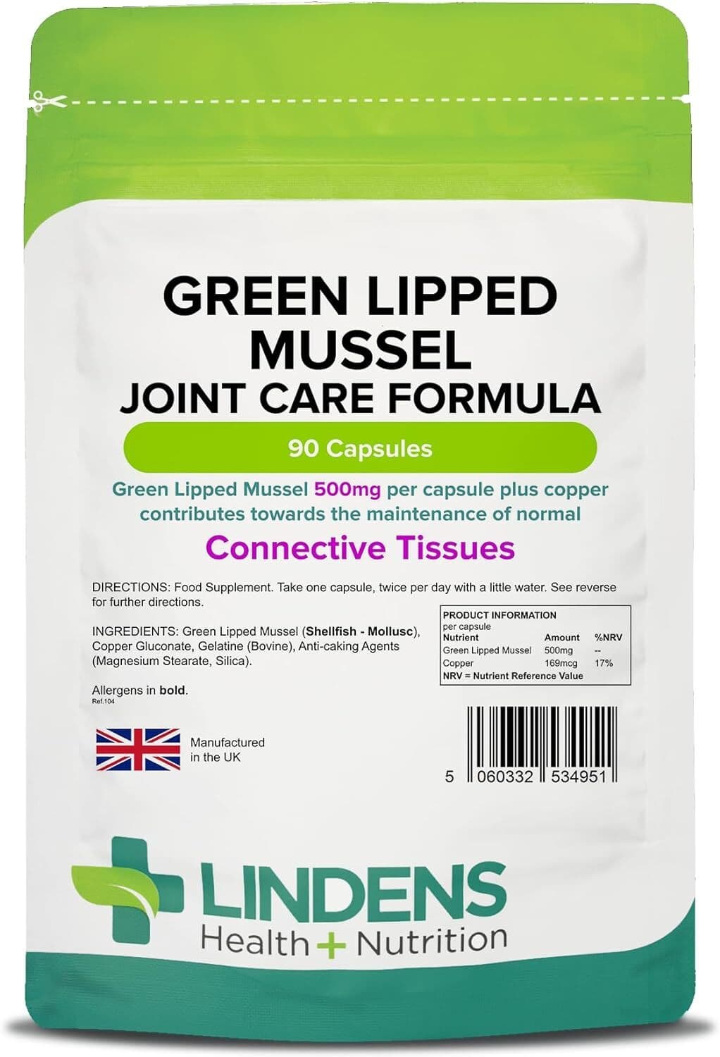 Lindens Green Lipped Mussel Capsules - 1,000mg Daily Intake - 90 Pack -...