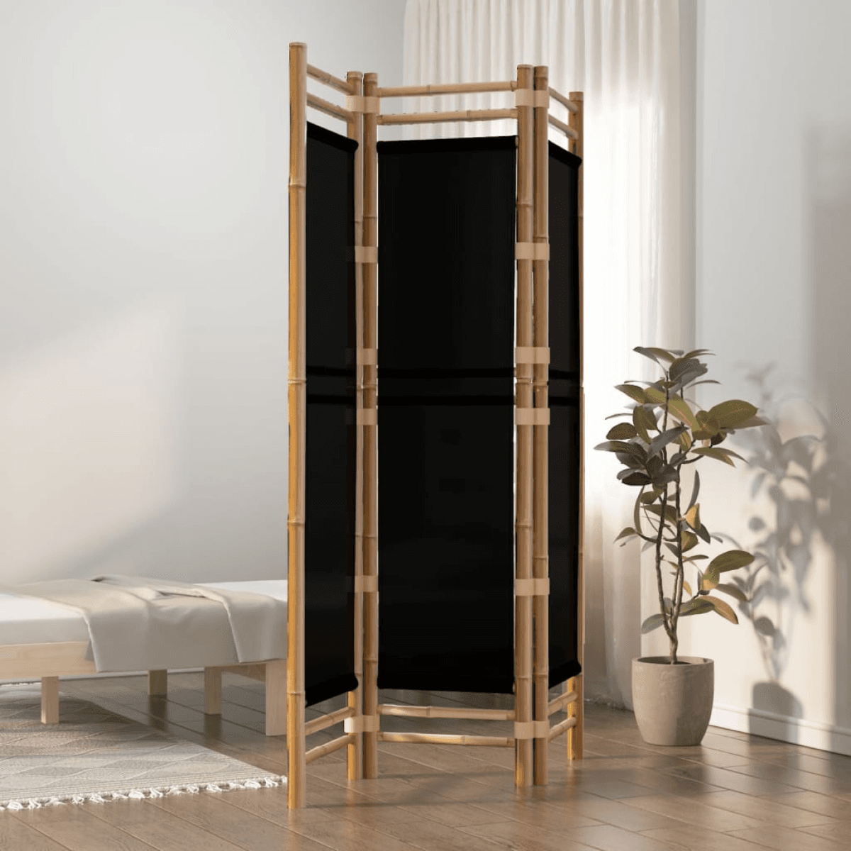 Room Divider 3-Panel Bamboo and Cream White Canvas 120x180cm Foldable Screen Panel