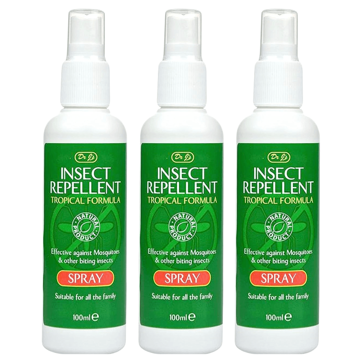 3 x Dr J's Insect Effective Mosquito Repellent Spray Tropical Formula 100ml
