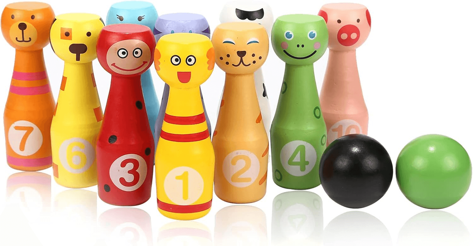 Wooden Bowling Set Skittles Toys with 10 Animal Pins 2 Balls Educational Toy Gif