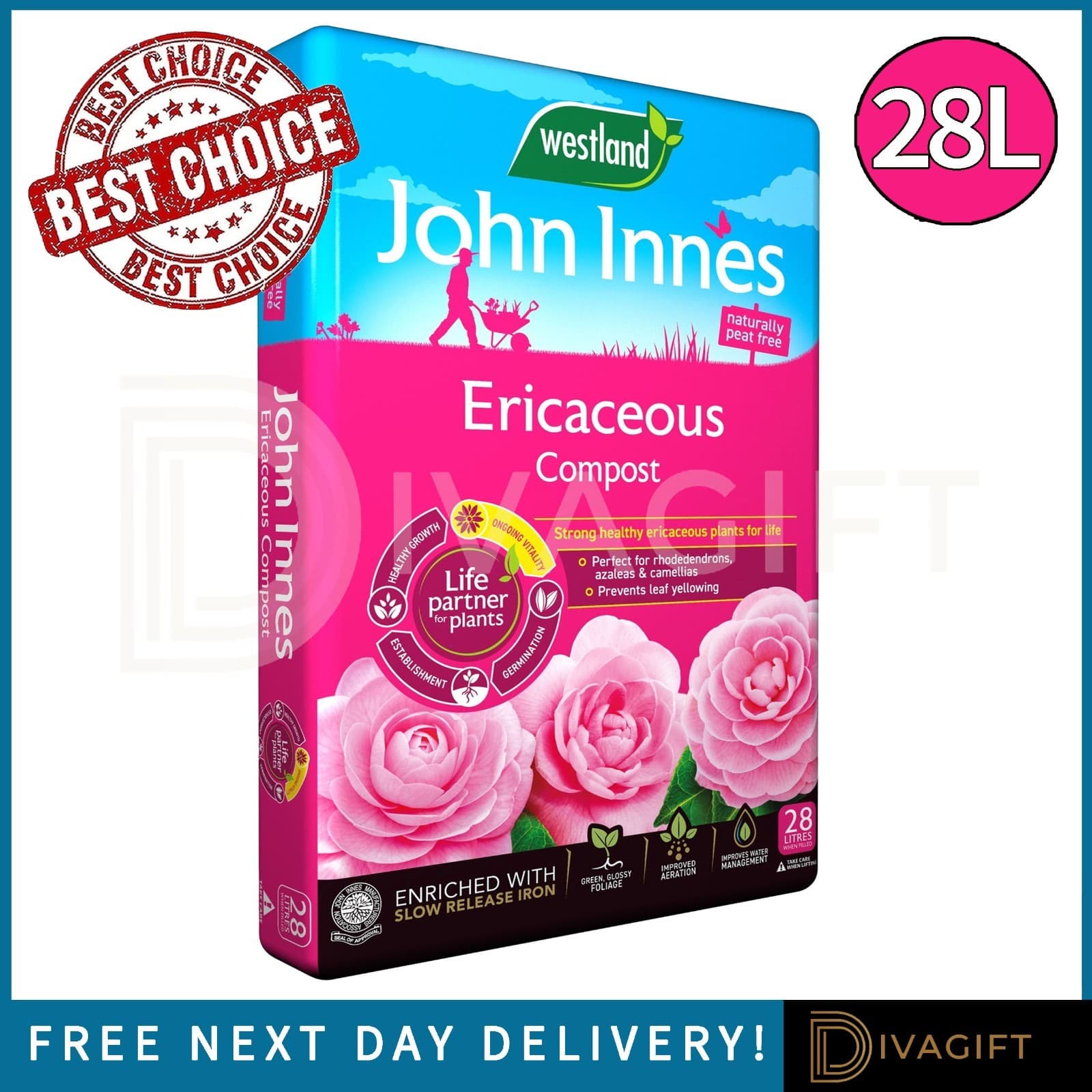 WESTLAND ERICACEOUS COMPOST 28L WITH JOHN INNES PEAT FREE FOR AZALEAS CAMELLIAS
