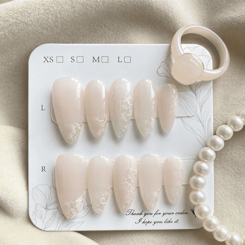 10PCS Handmade Lace Press on Nails Sheer Nude Pink French Manicure Almond False