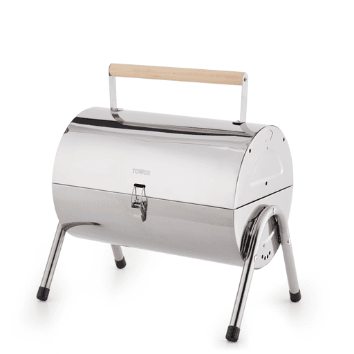 Tower Portable Barrel Grill with Wooden Carry Handle Black