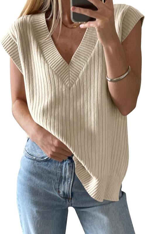 Women's V Neck Sweater Oversized Vest Sleeveless Lightweight Summer Sweater Elegant (beige, L)