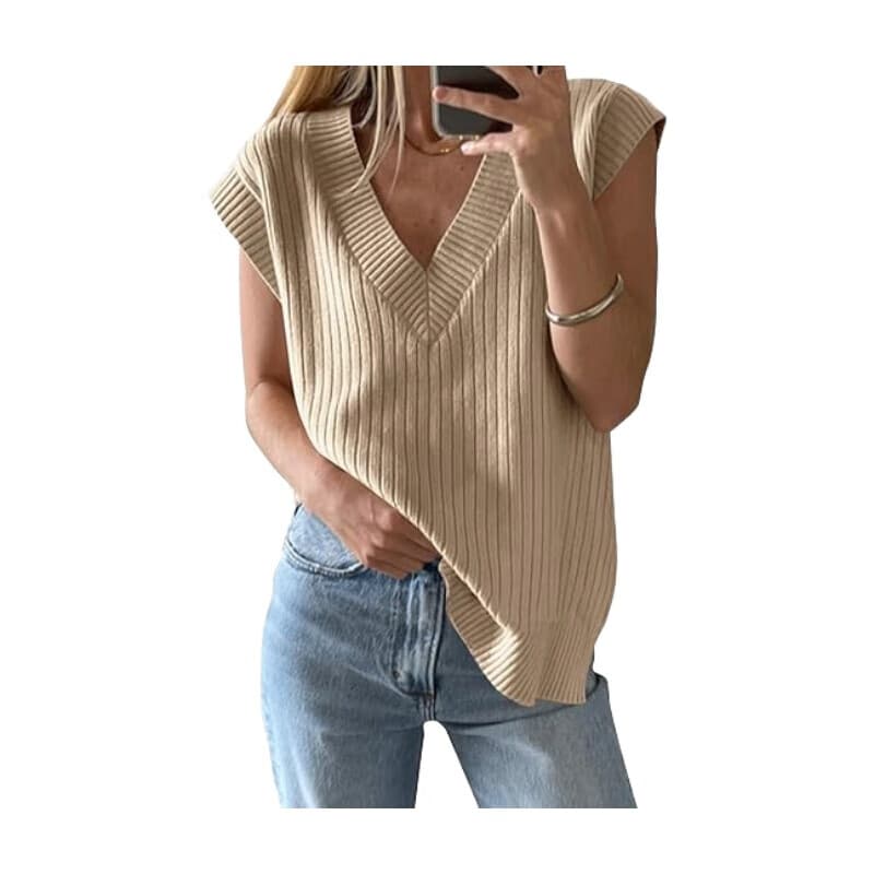 Women's V Neck Sweater Oversized Vest Sleeveless Lightweight Summer Sweater Elegant (khaki, XXL)