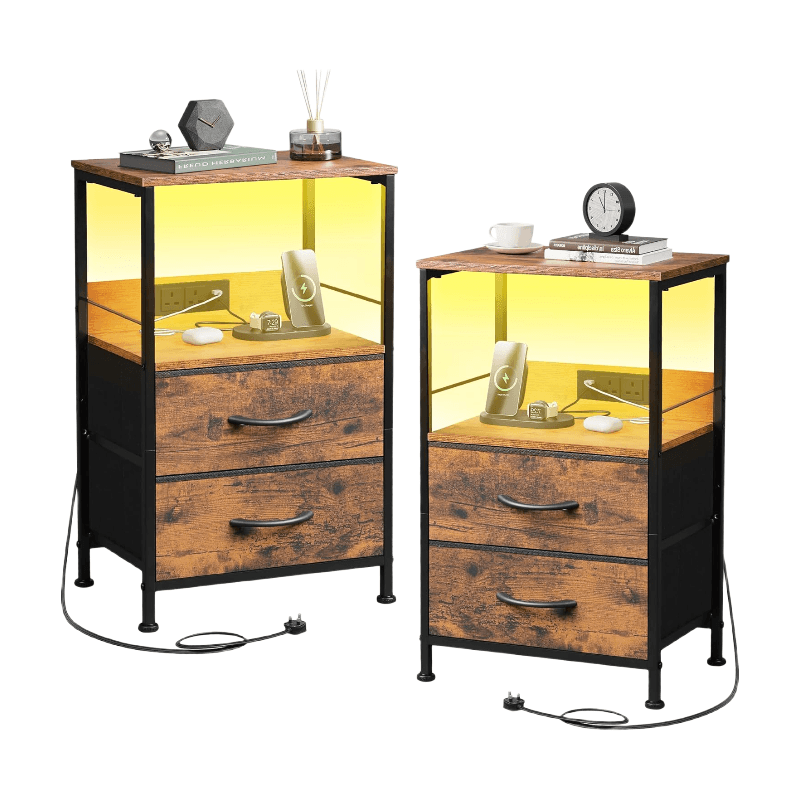 WLIVE Bedside Table,with App-Controlled LED Lights & Charging Station, 2 Fabric Storage Drawers with 2 AC Outlets & 2 USB Ports,Ideal for Bedroom