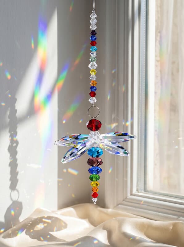JU7CER 1PC Dragonfly Pendant Hanging Crystal Prism Light Catcher - Crystal Light-Catching Prism Decoration, Window Ornament, Hanging Glass Rainbow