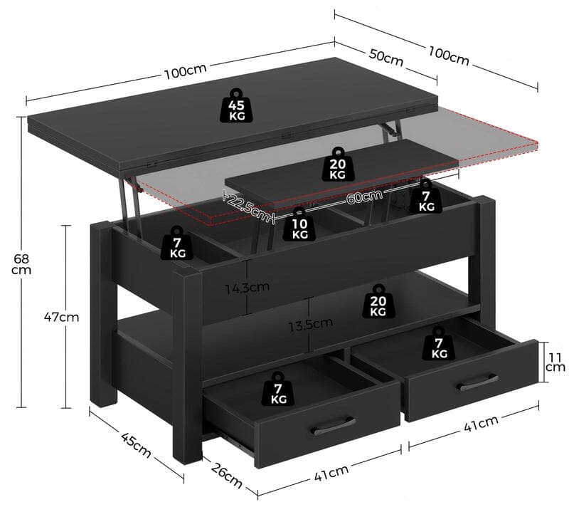 Rolanstar Mesa Centro Elevable, Mesa Salon con Cajón y Compartimento Oculto, Mesas Elevables Modernas Convertible en Comedor, 100 X 50 cm, Negro