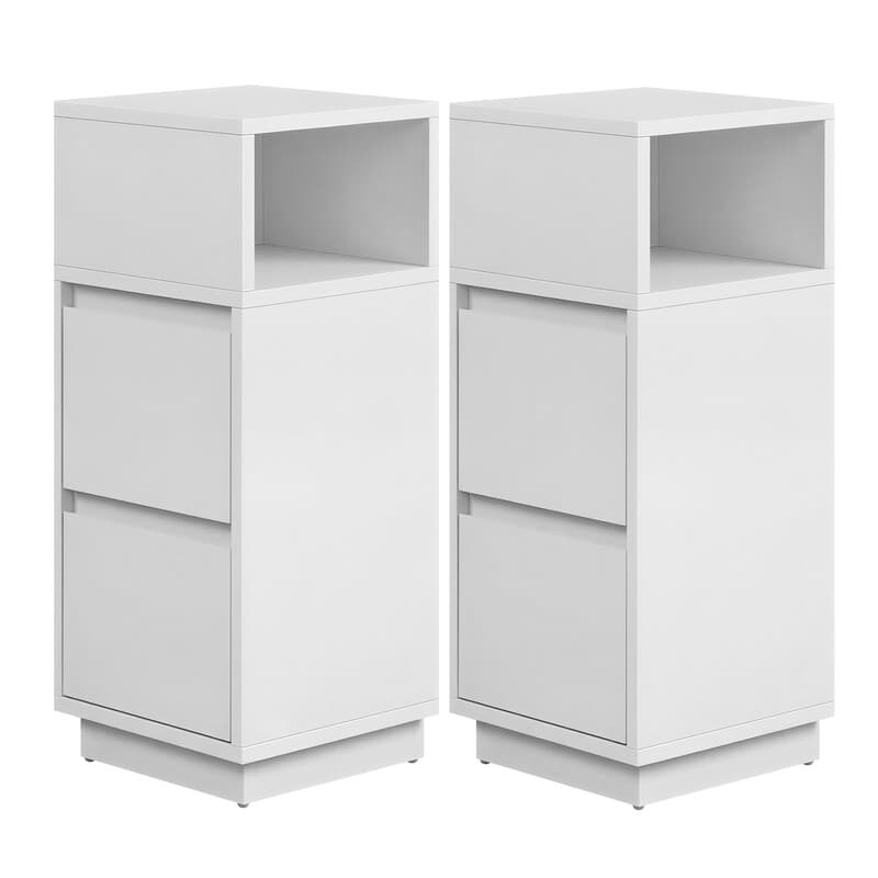 Ochama Set of 2 Slim Cloud White Nightstands – Narrow Side Tables with Drawers & Flexible Compartment – Modern Small End Tables for Bedroom or