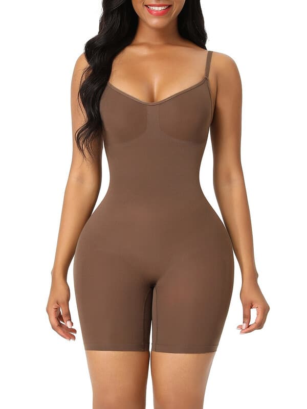 Feelingirl Tummy Control Seamless Mid-Thigh Bodysuit Butt Lifter Shapewear for Women XS/S Brown, Couple Gift Perfect Gift