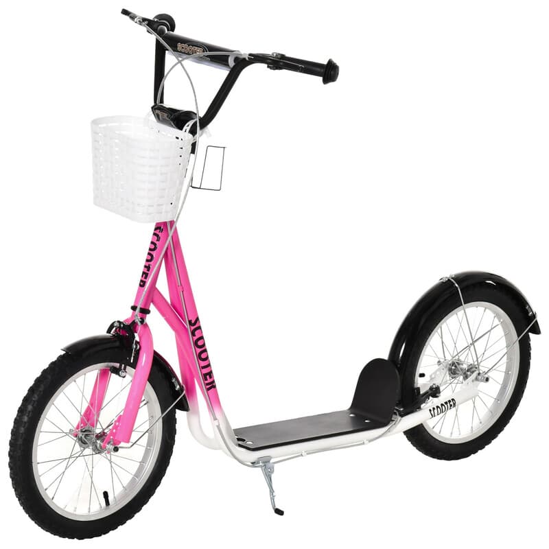 371-029PK HOMCOM Kids Scooter, Kick Stunt Scooter with Adjustable Handlebar, Dual Brakes, Basket, Cupholder, Mudguard, 16" Inflatable Rubber Wheels,
