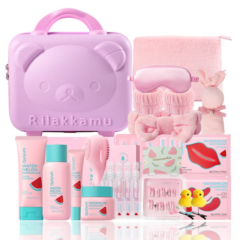 QUIYUM Watermelon Skincare Set (24pcs): Includes Cleanser 100g, Toner 160ml, Serum 2ml×10, Eye Cream 20g, Cream 50g, Eye Masks 6g×3, Lip Masks