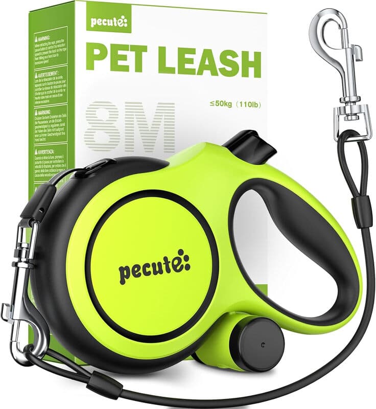 pecute Instant-Control Series 8m Retractable Dog Leash with Steel Wire Rope & Waste Bag Dispenser - Green