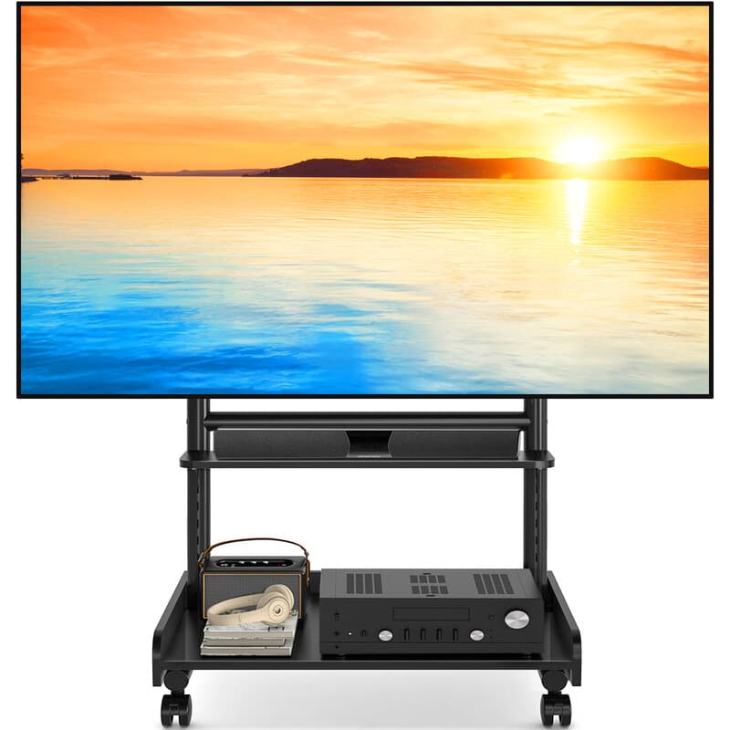 TV Stand on Wheels for 40-86 Inch LCD LED OLED Flat Panel Plasma TVs, Height Adjustable TV Floor Stand with Shelf TV Trolley with Wooden Base Max VESA
