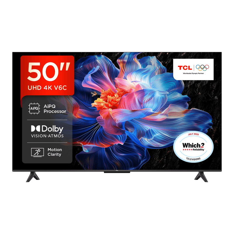 TCL 50V6C 50” Direct LED TV, 4K HDR TV, Smart TV Powered by Google TV (Dolby Vision & Atmos, Motion clarity, compatible with Google Assistant &