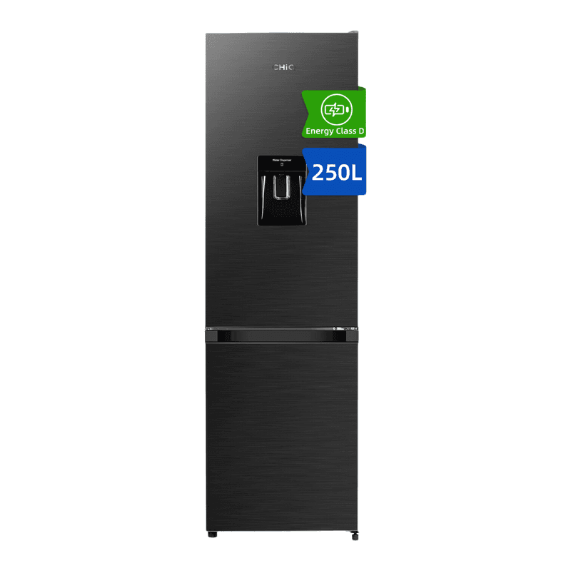 CHiQ JKR250WDGD 54cm Wide 181cm Tall Total No Frost Freestanding Fridge Freezer with Water Dispenser - 250L - Premium Black Steel - D Rated
