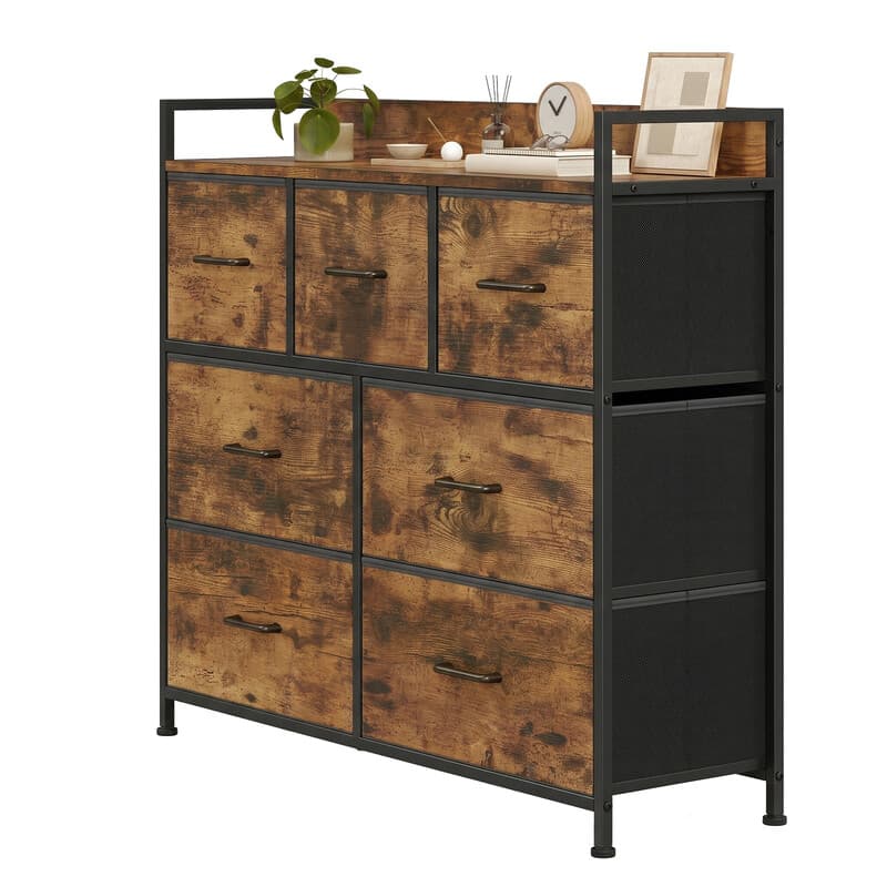 JOYFURNOS 7-Drawer Fabric Dresser with Handles –98x28.5x85cm Rustic Brown & Ink Black, Metal Frame – Spacious Bedroom Storage Cabinet for Clothes