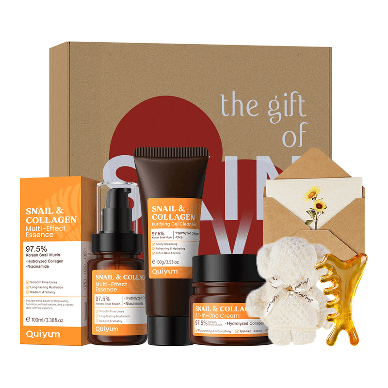 Quiyum Korean Snail Collagen Skincare Set (5pcs) - Facial Cleanser 100 g, Toner 100 ml, Face Cream 50 g, with Teddy Bear Towel, Facial Massage Comb