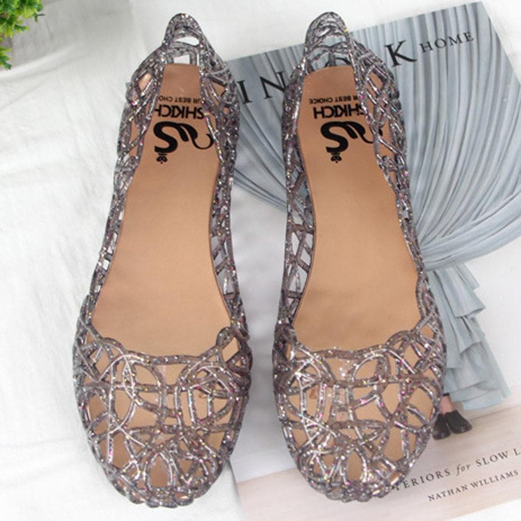 Women Summer Slippers Sparkling Jelly Shoes Shiny Baotou High Elastic Shoes Loafers Zapatos Mujer Casual Flat Shoes Dance Flats cm pink