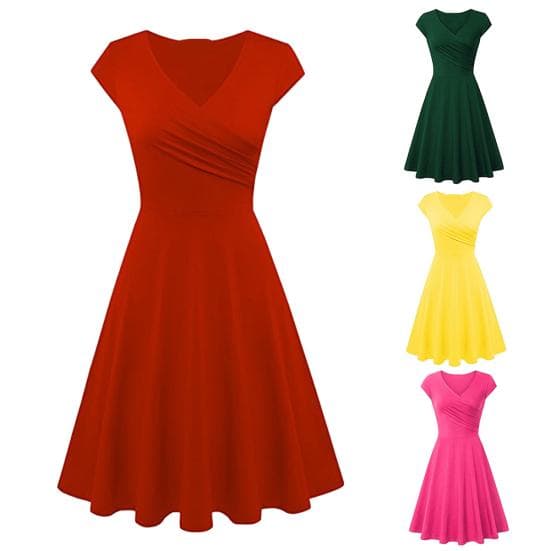 Fashion Women Solid Color V Neck Short Sleeve Plated Swing Party Banquet Dress cm