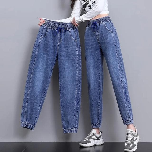 Fashion Drawstring Harem Jeans Women Casual Elastic Denim Pants Wash Vintage Baggy Pants cm black